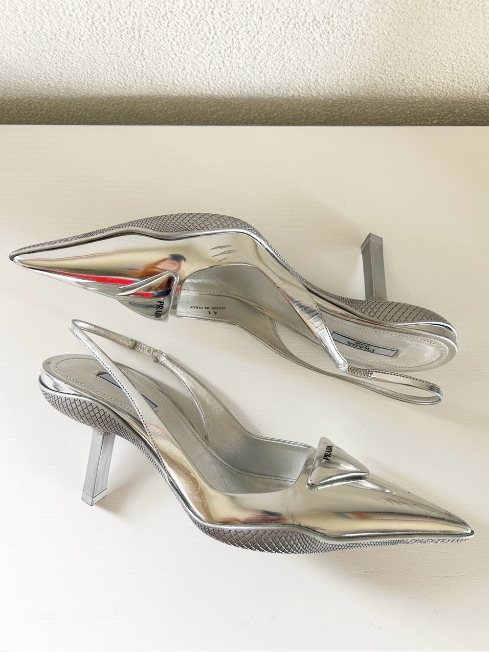 Prada Silver Metallic Slingback Heels Triangle Logo Size EU 41 - Picture 10 of 15